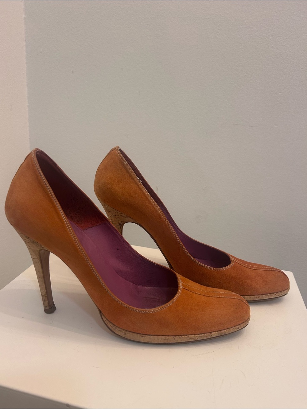 Vintage Charles David Suede Orange High Heel Pumps Stiletto cork heel
